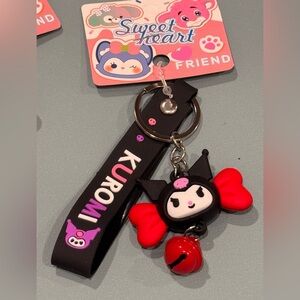 Bag charm Kuromi Black Bracelet Keychain with Red and Red Bell Accents